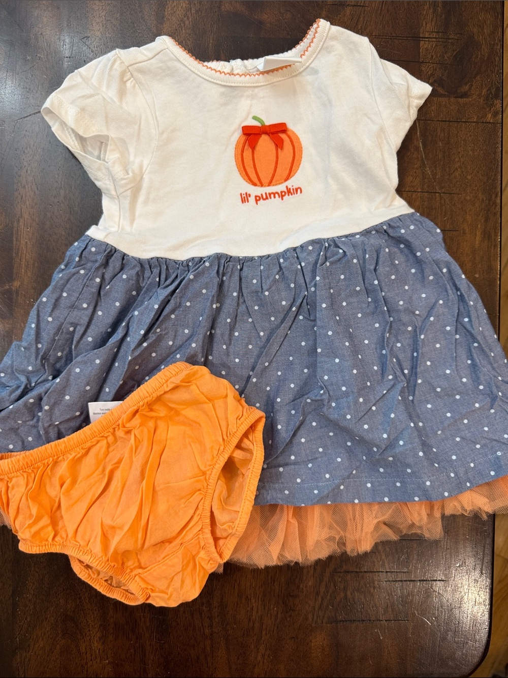Gymboree White Top with Blue Polka Dot Skirt and Orange Bloomers